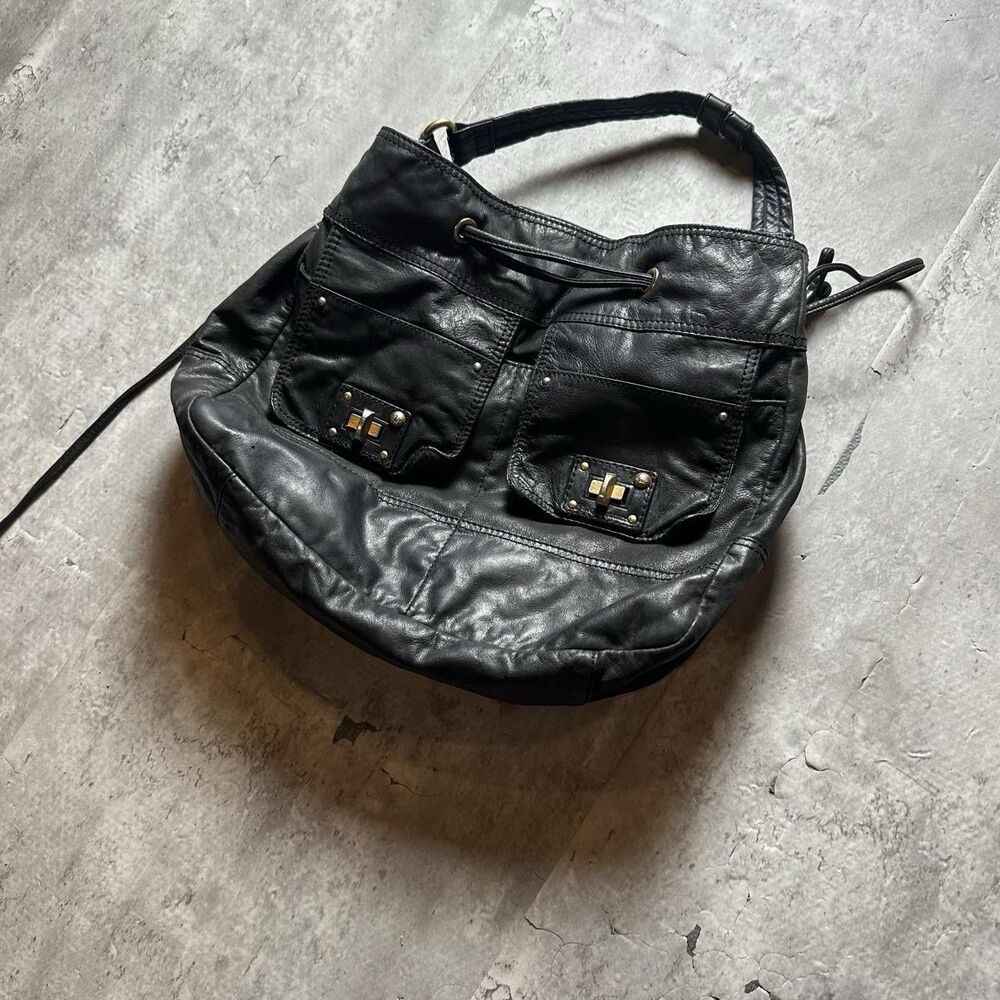 Juicy Couture Black Genuine Leather Hobo Shoulder Bag Purse Y2K Vintage Gold